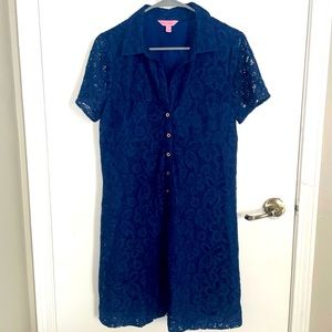 Lilly Pulitzer Navy Blue Nelle Dress Pop Floral Lace Shirt Collared Sz 6